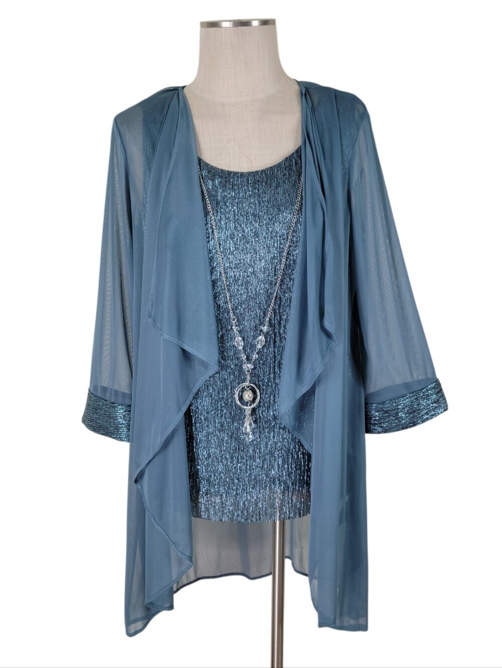 R&M Richards 3 Pc Pant Suit Set Size 12 Teal Metallic Tank Pants Chiffon Jacket - Picture 3 of 13